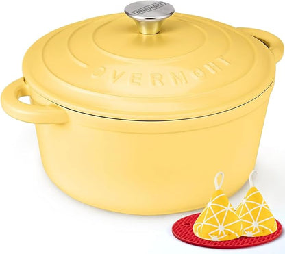 Overmont Enameled Cast Iron Dutch Oven - 5.5QT Pot with Lid Cookbook & Cotton Potholders - Heavy-Duty Cookware for Braising, Stews, Roasting, Sourdough Baking Goose Yellow