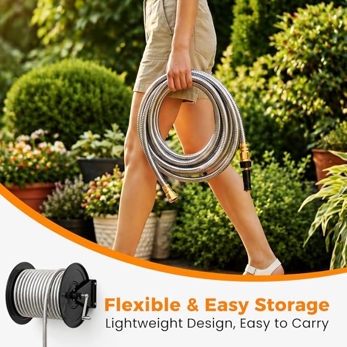 Rosy Earth Expandable Metal Garden Hose 50 FT - 304 Stainless Steel Water Hose 50 FT - Lightweight non Kinking Flexible Garden Hose, no Bite