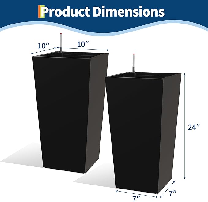 Garvee 30" Tall Planters Set of 2, Outdoor＆Indoor Black Planter Pots, High Front Porch Planter Pots with Drainage Holes＆Water Level Monitor＆Inner Bucket,Black