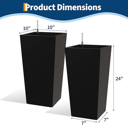 Garvee 30" Tall Planters Set of 2, Outdoor＆Indoor Black Planter Pots, High Front Porch Planter Pots with Drainage Holes＆Water Level Monitor＆Inner Bucket,Black