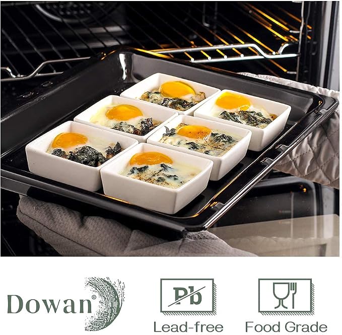 DOWAN Creme Brulee Ramekins 6 oz Oven Safe, Small Ceramic Square Ramekin, Custard Cups Souffle Baking Dish, Dipping Bowls Soy Sauce Dish Appetizer Plates, Set of 6, Soft White
