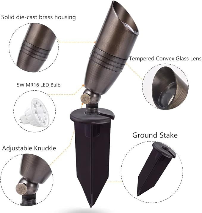 Cheopha Low Voltage Landscape Light Outdoor Spotlight 12V Brass Solid LED Kits with ABS Ground Spike and MR16 LED Bulb 5W 2700K Included for Yard Pathway Outdoor Landscape Lighting