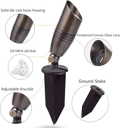 Cheopha Low Voltage Landscape Light Outdoor Spotlight 12V Brass Solid LED Kits with ABS Ground Spike and MR16 LED Bulb 5W 2700K Included for Yard Pathway Outdoor Landscape Lighting