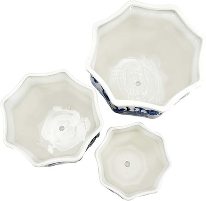 Galt International Blue & White w/Yellow Accent Round Fluted Floral Porcelain Ceramic Plant Flower Planter Pot Set of 3 (7.5", 10", 13") Garden Pots Chinese Asian Design