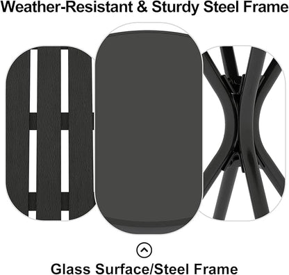 3 Piece Outdoor Bistro Set, Patio Table and Chairs Set of 2, Small Balcony Furniture with Glass Top Table, Folding Bistro Patio Set for Garden, Deck, Porch, Black Outdoor Furniture