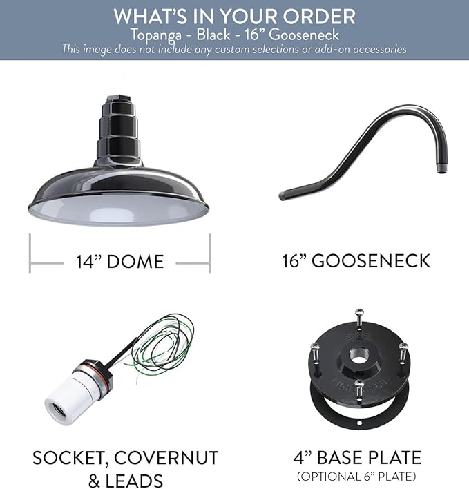 Steel Lighting Co. Topanga Barn Light | Outdoor Wall Mounted | Farmhouse Garage Light Made in America | 14 inch Dome | 16 inch Gooseneck | Black Exterior/White Interior