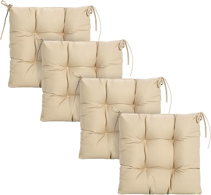 ARTPLAN Outdoor Chair Cushions,Set of 4,19"x19"x4" Patio Seat Pad Cushions with Ties,Wicker Tufed Outdoor Cushions for Patio Furniture,Beige