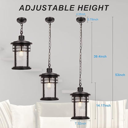 Darkaway Large Outdoor Pendant Lights, 15inch Outdoor Chandelier Hanging Porch Lights Outside Ceiling Mount Aluminum with Seeded Glass for Front Door Gazebo Patio (Large, Black)