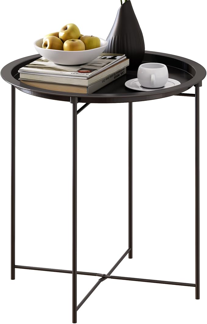 End Table Set of 2,Outdoor Side Table, Small Patio Round Folding Metal Black Side Tables for Outdoor,Living Room,Balcony and Office,Φ18.5" x 19.9"H，2 PCS
