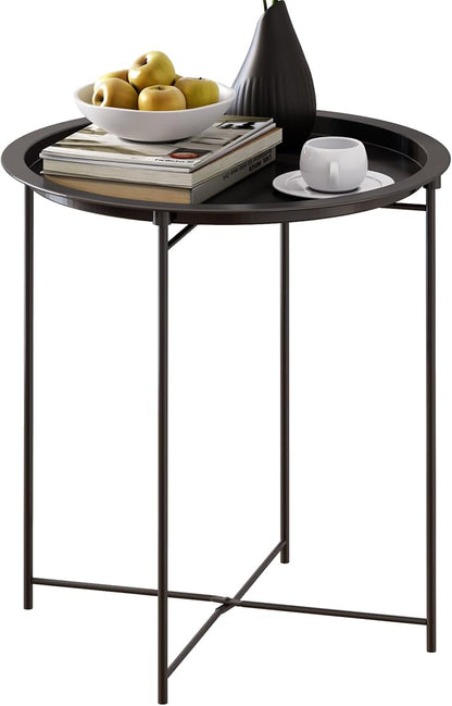 End Table Set of 2,Outdoor Side Table, Small Patio Round Folding Metal Black Side Tables for Outdoor,Living Room,Balcony and Office,Φ18.5" x 19.9"H，2 PCS