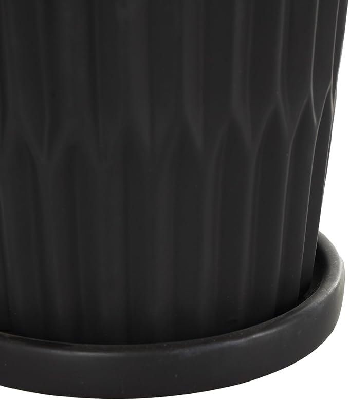 Deco 79 Ceramic Indoor Outdoor Planter Ribbed Large Planter Pot with Attached Saucer, Set of 3 Planters 8",6",5" H, Black