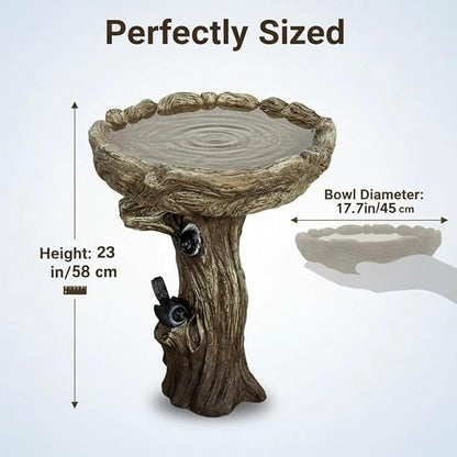SunJet 23 Inch High Wood-Look Concrete Bird Bath with Decorative Faux Bird – Birdbath Rustic & Long-Lasting Design, Enhances Garden, Patio, Yard, Lawn Decor