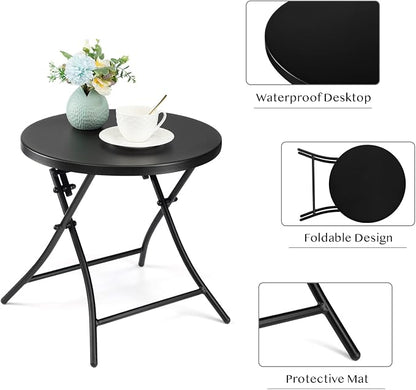 Outdoor Side Table, Folding Round Metal End Table, Weather Resistant Small Patio Accent Table for Porch Yard Balcony Deck (All Black)