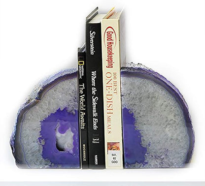 JIC Gem Book Ends for Shelves Dyed Purple Agate Bookends Natural Geode Brazilian Rock Stone Book Ends Decorative with Rubber Bumpers Small Size(1 Pair, 2-3 LBS)