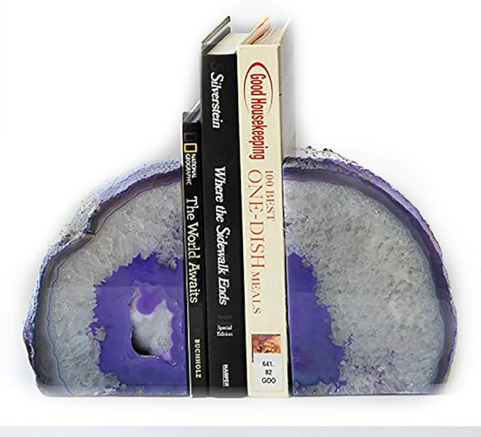 JIC Gem Dyed Purple Natural Agate Bookends Polished Stone Book Ends Crystal Geode Bookends for Shelves to Hold Books with Rubber Bumpers(1 Pair, 3-4 LBS)