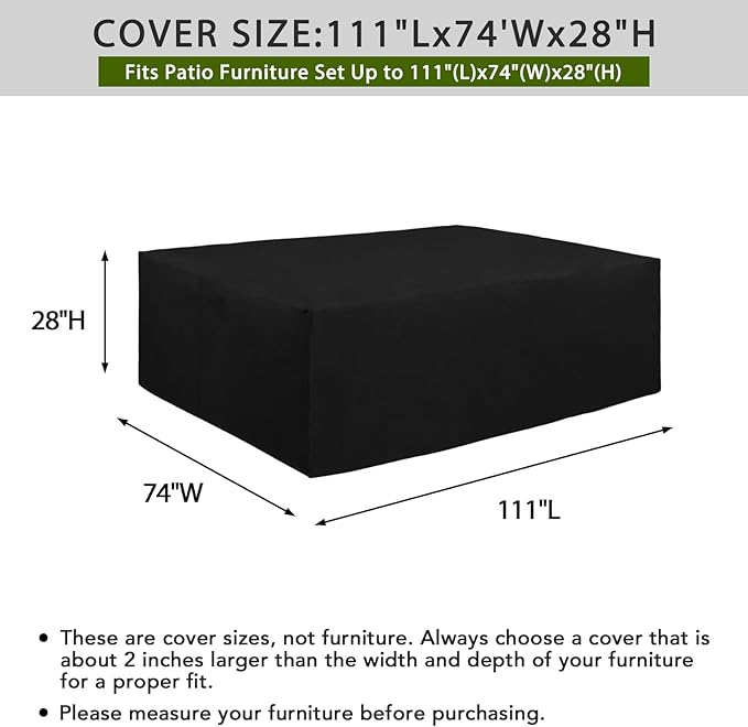 Easy-Going 600D Heavy Duty Patio Furniture Cover, Outdoor Rectangular Table and Chair Set Cover, Waterproof Outdoor Sectional Set Cover (111"L x 74"W x 28"H, Black)