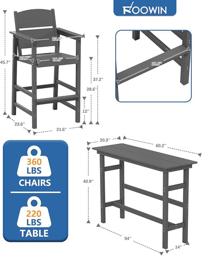 FOOWIN 3 Piece Outdoor Bar Height Table and Chairs, All Weather HDPE Patio Bar Set Outdoor Bistro Set,Adirondack Bar Chairs Set of 2 Outdoor Furniture for Bistro, Poolside, Backyard Grey
