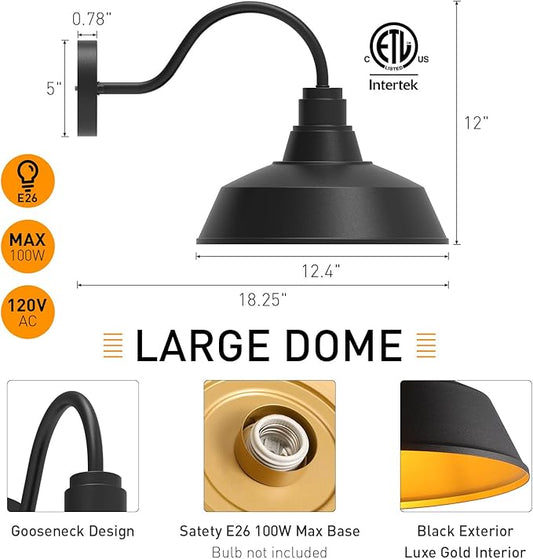 12.4" Dome Gooseneck Barn Light, Outdoor Anti-Rust&Waterproof Farmhouse Wall Sconce, Outdoor Wall Lanterns for Porch/Patio, E26 Base 100W Max(Black 2-Pack Exterior Lighting Fixtures)