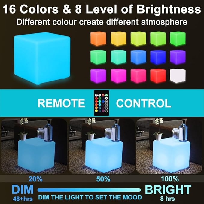 14-in LED Cube Seat & 20-in LED Globe Orb Light, Rechargeable Globe Floor Lamp Cube Chair for Kid w/Remote, Versatile Light Up Side Table Glowing Ball Lights for Home Garden Patio Lawn Party Decor