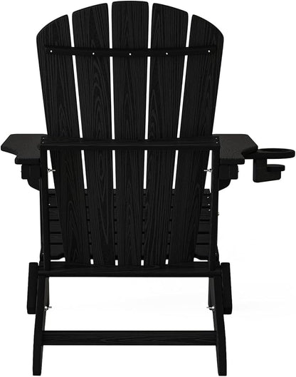 Plawdlik Folding Adirondack Chair, SGS Tested, Wooden Textured with Cup Holder, Heavy All-Weather HDPE Comfortable Set Poolside Backyard Lawn Black