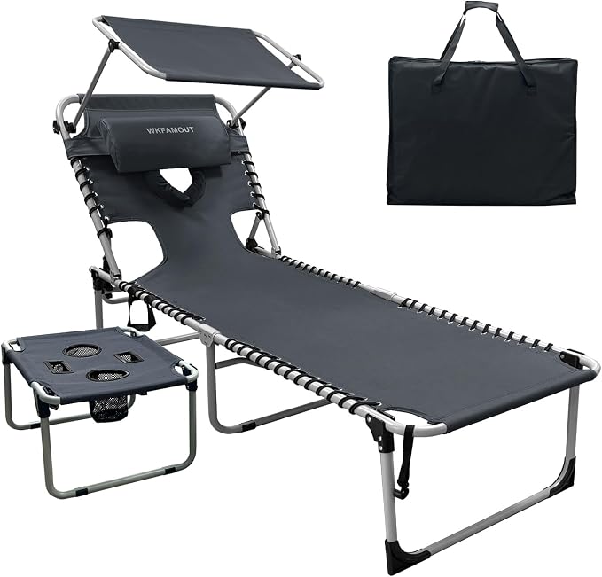Outdoor Tanning Chair with Sun Canopy Shade & Face Hole, Folding Lounge Chair with Beach Table and Carry Bag for Poolside Sunbathing Lawn