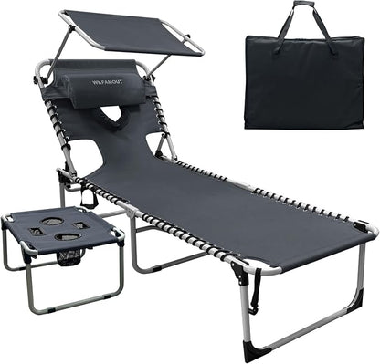 Outdoor Tanning Chair with Sun Canopy Shade & Face Hole, Folding Lounge Chair with Beach Table and Carry Bag for Poolside Sunbathing Lawn