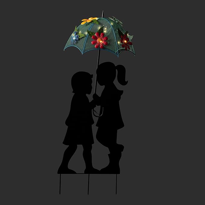 Alpine Corporation 39" Tall Outdoor Solar Powered LED Lights Girl and Boy Silhouette with Umbrella Yard Statue