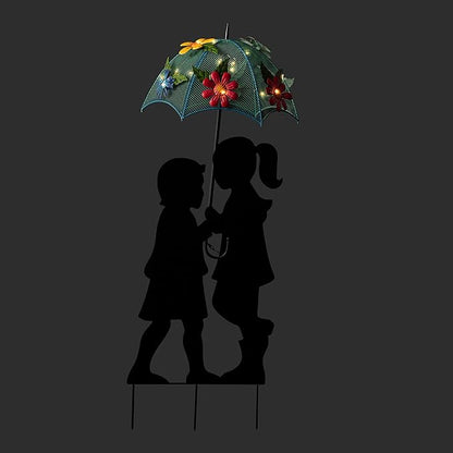 Alpine Corporation 39" Tall Outdoor Solar Powered LED Lights Girl and Boy Silhouette with Umbrella Yard Statue