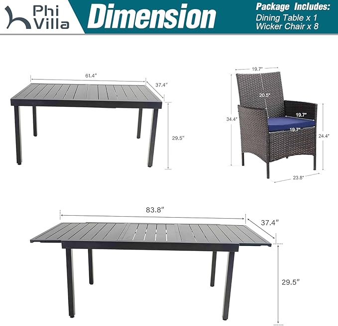 PHI VILLA 9 Piece Outdoor Dining Table Set for 8, Expandable Rectangular Metal Dining Table and Cushioned Rattan Chairs Furniture for Patio, Deck, Porch, Backyard