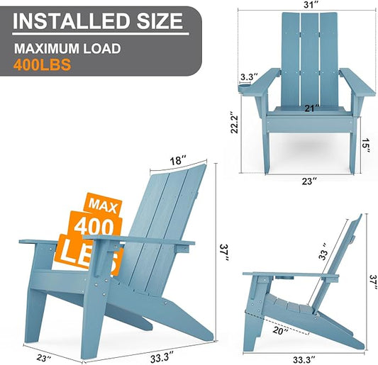 MXIMU Modern Adirondack Chairs Set of 4 Weather Resistant with Cup Holder Oversize Plastic Fire Pit Chairs Plastic Outdoor Chairs for Firepit Area Seating (Blue)