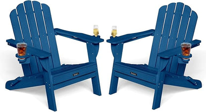 Folding Adirondack Chairs Set of 2,All-Weather HDPE Fire Pit Chair with 2 Cup Holders, Plastic Outdoor Chair for Patio Deck Garden Lawn, NavyBlue