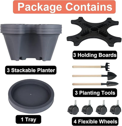 GameXcel Vertical Planter Tower- 3 Tier Stackable Garden Planter with Wheels and Tool Set – Grow Strawberries Herbs Flowers and Vegetables - Indoor Outdoor Use Dark Gray