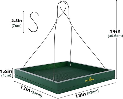 MIXXIDEA Bird Feeder Hanging Tray, Bird Feeders for Outdoors, Wooden Seed Tray Platform Mesh Seed Platform for Garden Yard Outside Decoration Attracting for Wild Birds (Green-1pk)