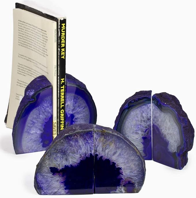 JIC Gem Purple Agate Bookends Geode Book Ends Decorativer Crystal Bookends for Heavy Duty with Rubber Bumpers (1 Pair, 6-8 LBS)