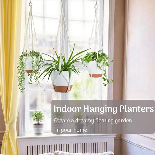 Bouqlife 3 Pack 10/8/7 Inch Hanging Planters for Indoor Plants with Self-Watering Hanging Pots with Drainage, 3 Different Size Macrame Plant Hangers with Hooks White Large