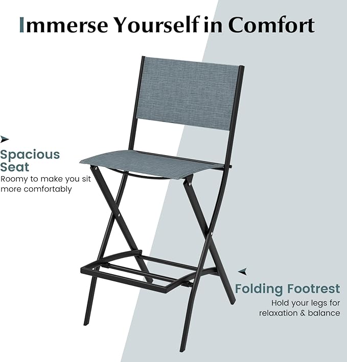 COSTWAY Outdoor Patio Bar Chair Set of 6, Folding Bar Height Stool with Metal Frame & Footrest, Patio Bar Stool for Balcony, Garden & Poolside (6, Blue)