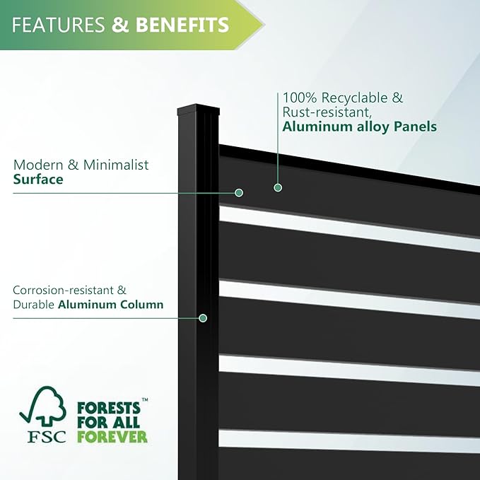 Mondaria Aluminum Privacy Fence Panels for Outside, 6ft(W) x 6ft(H) Horizontal Lattice Fence with 2 No-dig Posts, Wind Resistant Decorative Fencing Panels for Yard, Patio & Pool (Black)