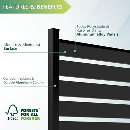 Mondaria Aluminum Privacy Fence Panels for Outside, 6ft(W) x 6ft(H) Horizontal Lattice Fence with 2 No-dig Posts, Wind Resistant Decorative Fencing Panels for Yard, Patio & Pool (Black)