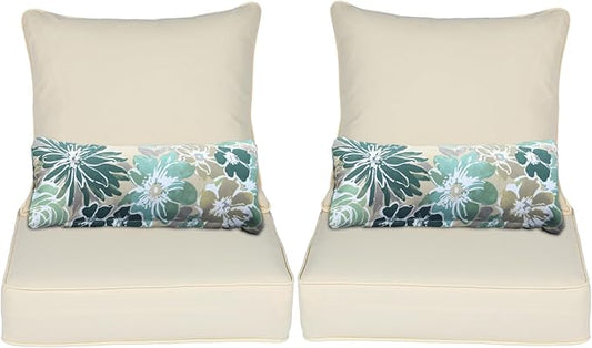 Aoodor Outdoor Chair Cushion, 24 x 24 Inch Water-Resistant, Fade-Resistant Olefin Fabric Patio Seat Cushions with Removable Cover and Adjustable Straps for Outdoor Furniture, Set of 2, Cream Yellow