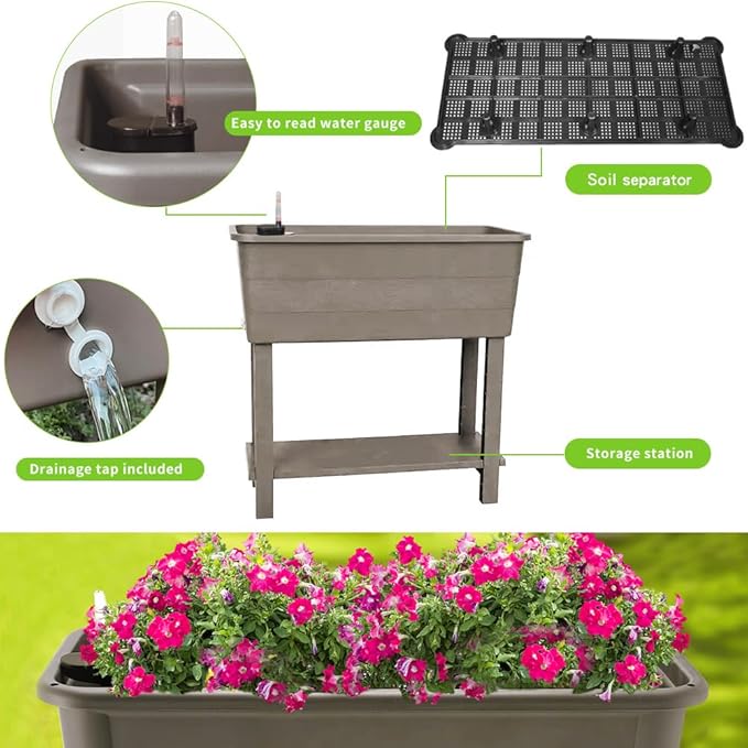 3 Pcs Self Watering Elevated Raised Garden Bed, Large Outdoor Plastic Planter Box Big Flower Plant Pot for Planting Flowers Vegetables and Herbs (3, Khaki)