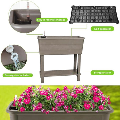 3 Pcs Self Watering Elevated Raised Garden Bed, Large Outdoor Plastic Planter Box Big Flower Plant Pot for Planting Flowers Vegetables and Herbs (3, Khaki)