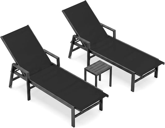 Patio Chaise Lounge Chair Outdoor with Wheels&Armrests, Aluminum Pool Lounge Chairs Five-Position Adjustable Recliner with Side Table, Outdoor Beach Lounge Chairs for Outside, Deck, Yard, Black