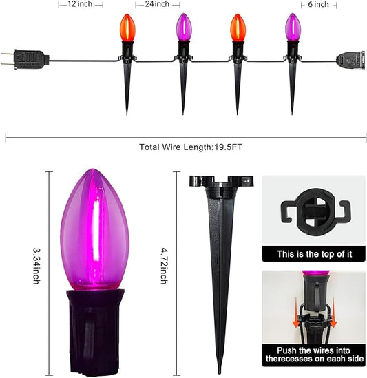 C9 Outdoor Halloween Pathway Lights, 19.5Ft 10 C9 LED Orange Purple Halloween Pathway Marker Stakes Light, Outdoor Walkway Lights Waterproof for Driveway Lawn Yard Sidewalk Garden