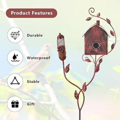 49" Bird Houses for Outside with Pole, Outdoor Metal Birdhouse with Mesh Feeder for Patio, Yard, Garden, Reddish Brown