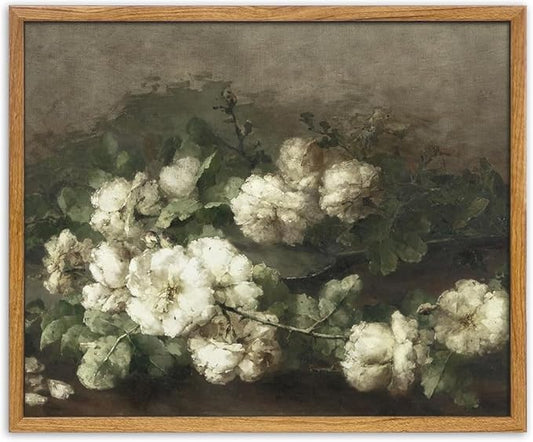 UPWOIGH 16x24 in Large Framed Wall Art, Cream White Roses Bouquet Oil Painting Canvas, Vintage Floral Botanical Still Life Print, Retro Moody Wall Decor for Living Room Bedroom, 1 Pack Gift