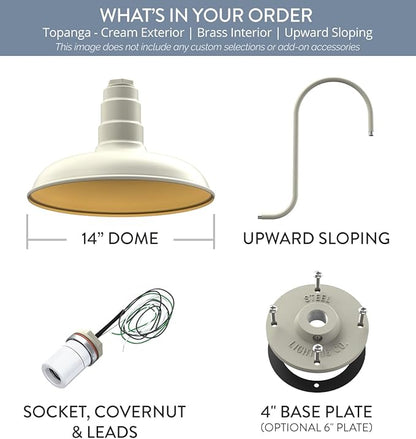 Steel Lighting Co. Topanga Barn Light | Outdoor Wall Mounted | 14 inch Dome | Upward Sloping Gooseneck | Farmhouse Garage Light Made in America | Cream Exterior/Brass Interior