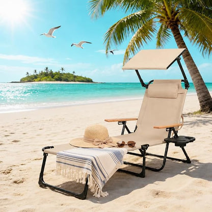 Folding Lounge Chair with Adjustable Canopy, Portable Sun Lounger with 4-Position Reclining Back, Outdoor Chaise Lounge with Arms, Tanning Chair for Beach Poolside Backyard Camping, 440LBS (Beige B)