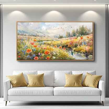 QIYILEXWART Large Wall Decor For Living Room Canvas Wall Art For Office Modern Wall Decorations For Bedroom Colorful Wildflower Landscape Painting Farmhouse Pictures Artwork Room Home Decor 24x48 In