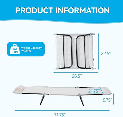 Outdoor Chaise Lounge with Detachable Pillow, Reclining Folding Chair with 5-Position Adjustable Back, Portable Tanning Chair For Beach, Pool, Lawn, Breathable Mesh Seat, No Assembly (Cream White)