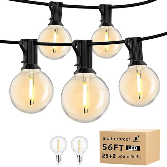 56Ft Outdoor String Light: G40 Waterproof Patio Lights with 25+2 Shatterproof Bulbs-Connectable Hanging Christmas Lights for Backyard, Porch, Deck, Balcony, Garden, Home Decor